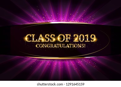 Class of 2019 Congratulations Graduates gold text with golden ribbons on dark background. Vector illustration