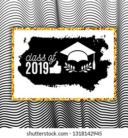 Class of 2019 graduate greeting card with hat, thumb up hand, laurel, brush stroke on waves background for invitation, banner, poster, postcard. Vector graduation template. All isolated and layered