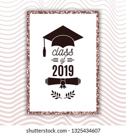 Class of 2019 graduate poster with hat, scroll, laurels on blush rose waves background for invitation, banner, greeting card, postcard. Vector graduate template. All isolated and layered