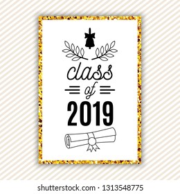 Class of 2019 graduation greeting card with bell, scrol, laurels on striped background with gold frame for invitation, banner, poster, postcard. Vector graduate template. All isolated and layered