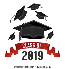 Class of 2019 graduation greeting card. Graduations caps thrown up with red ribbon. Grad vector poster.