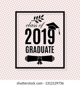 Class of 2019 graduation poster with hat, scroll, laurel on pale pink seamless triangle background for invitation, banner, greeting card, postcard. Vector graduate template. All isolated and layered