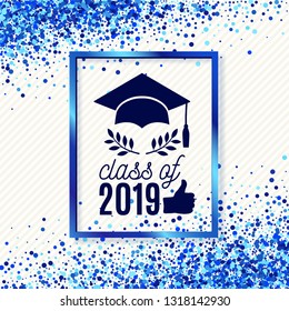 Class of 2019 greeting card with hat, scroll, laurel on beige stripe background with blue foil frame for invitation, banner, poster, postcard. Vector graduate template. All isolated and layered