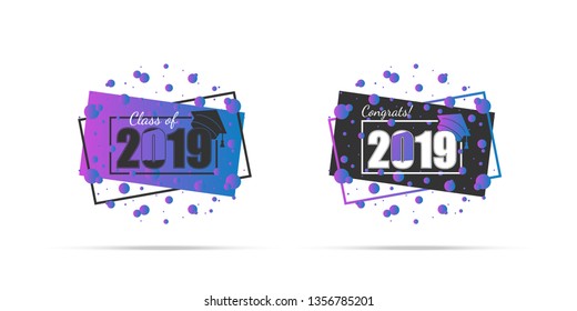 Class of 2019. Number with color education academic cap on abstract grahic shape. Template for graduation design frame, high school or college congratulation graduate, yearbook. Vector illustration.