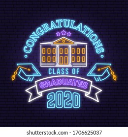 Class of 202 neon bright signboard, light banner. Vector illustration. Neon typography design with graduation cap, diploma, school. Template for the graduation party poster, flyer, lighting banner