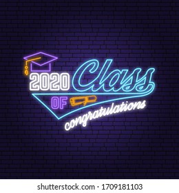 Class of 202 neon bright signboard, light banner. Vector illustration. Neon typography design with graduation cap. Template for the graduation party poster, flyer, lighting banner