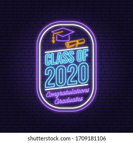 Class of 202 neon bright signboard, light banner. Vector illustration. Template for the graduation party poster, flyer, lighting banner Graduation design with hut and text Class of.