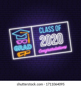 Class of 202 neon bright signboard, light banner. Vector illustration. Template for the graduation party poster, flyer, lighting banner Graduation design with hut and text Class of.