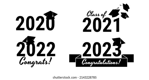 Class of 2020, 2021, 2022, 2023. Number with education academic cap. Template for graduation party design logo, icon, high school or college congratulation graduate, yearbook. Vector illustration.