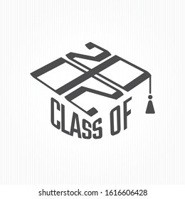 Class of 2020 Academic Graduation Cap Square Shape Lettering Composition with Zeroes Making Polygonal Mobius Loop Numerals Logo - Black on White Background - Vector Contrast Graphic Design