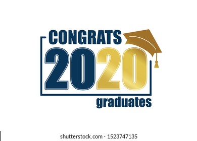 Class of 2020. Blue frame and gold number with education academic cap. Template for graduation design frame, high school or college congratulation graduate, yearbook. Vector illustration.