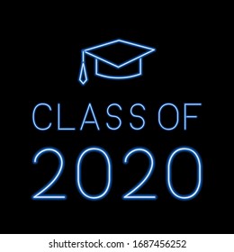 Class of 2020 blue neon lettering with graduation cap on black background. Congratulations to graduates sign.  Easy to edit vector template for banner, greeting card, poster, sticker, label, etc. 