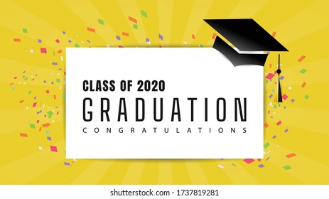 Class of 2020 Design￼ with cap cap graduation on white paper ,Congratulations Template for graduation,  on yellow background  with Confetti ,Vector illustration EPS 10
