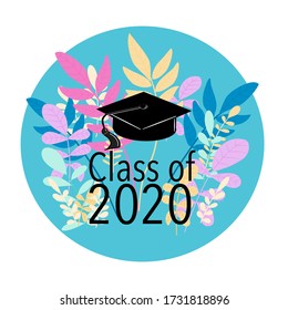 Class of 2020 colorful graduation sticker or poster with grad cap. decorate with leaf floral vector on a blue background.