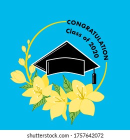 Class of 2020 colorful graduation sticker or poster with grad cap. decorate with leaf and yellow floral vector, gold flower on a blue background.