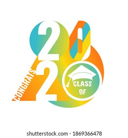 Class of 2020. Colorful number 2020 with geometric shape, education academic cap. Template for graduation design frame, high school or college congratulation graduate, yearbook. Vector illustration.