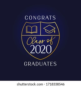 Class of 2020 Congrats Graduates, book and academic cap logo. Lettering Graduation calligraphy label. Vector illustration. Template for graduation design, party, high school or college graduate