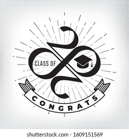 Class of 2020 Congrats Numerals Logo Lettering with Zeroes Making Mobius Loop Square Academic Graduation Cap Sign - Black on White Background - Vector Contrast Graphic Design