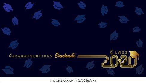 Class of 2020, congratulation graduate, gold lines design. Vector graduation illustration 2020 in golden academic cap on dark blue background with flying hats