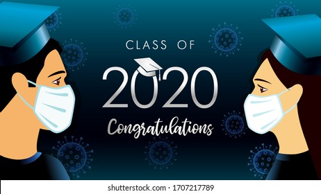 Class of 2020 congratulation graduate, social distancing concept. Vector illustration with students in medical mask and graduation text in academic cap on dark blue with coronavirus background