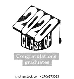 Class Of 2020 Congratulations Graduate Typography With Cap And Tassel. Handwritten Inscription. Vector Illustration. Isolated On White Background.