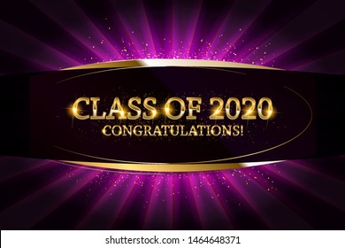 Class of 2020 Congratulations Graduates gold text with golden ribbons on dark background. Vector illustration