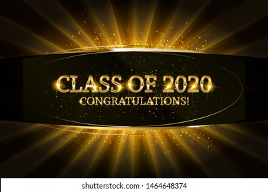 Class Of 2020 Congratulations Graduates Gold Text With Golden Ribbons On Dark Background. Vector Illustration