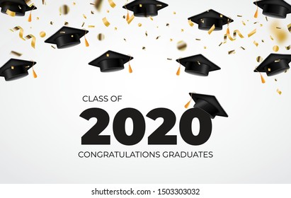 Class Of 2020. Congratulations Graduates. Graduation Caps Flying. Confetti.