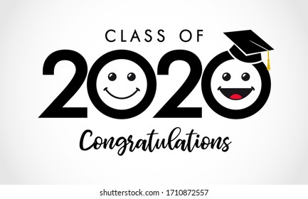 Class of 2020 congratulations with smile in academic cap. Smiling emoji wearing academic cap and graduating text. Vector joy emoticon icon