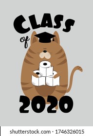 Class of 2020 - with cute cat in Graduation Cap, and toilet paper. Coronavirus-Graduation design, party, high school or college graduate, yearbook. Vector illustration