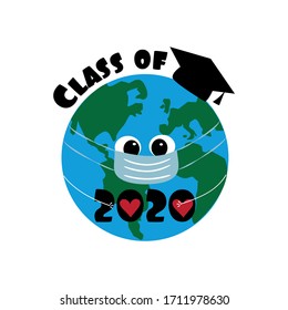 Class of 2020 with Eart Planet in Graduation Cap. Coronavirus-Graduation design, party, high school or college graduate, yearbook. Vector illustration