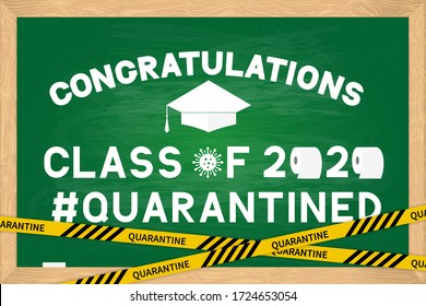 Clase de afiche divertido de 2020 con papel higiénico y tapón de graduación en pizarra verde con marco de madera. Cuarentena de Coronavirus COVID-19. Plantilla vectorial para tarjeta de saludo de graduación, banner, pegatina.