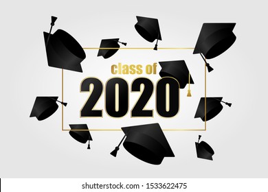 Class of 2020. Gold frame and black number with thrown up education academic cap. Template for graduation design, high school or college congratulation graduate, yearbook. Vector illustration.