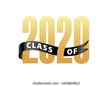 Class of 2020 Gold Lettering Graduation 3d logo with ribbon. Template for graduation design, party, high school or college graduate, yearbook. Vector illustration