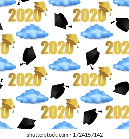 Class Of 2020 Gold Number. Seamless Pattern Of Black Graduation Hat Throw Up In The Sky With Blue Realistic 3d Clouds. Vector Educate Cap On White Background.  Color University Trendy Ornament Print.