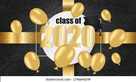 Class of 2020. Golden number on white round sticker, gold ribbon. Thrown up black education academic cap, gold balloon on black grunge background. Template for graduation design. Vector illustration