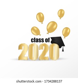 Class of 2020. Golden number with shadow and thrown up black education academic cap and gold balloon on white background. Template for graduation design. Vector illustration.
