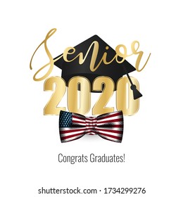 Class of 2020. Golden number and text Senior with thrown up black education academic cap and men bow tie USA flag texture on white background. Template for graduation design. Vector illustration.