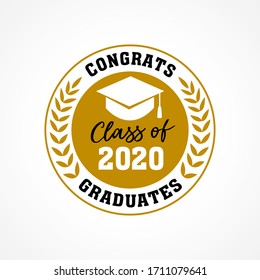 Class of 2020 in golden palm wreath, Congrats Graduates. Lettering Graduation calligraphy logo. Vector illustration. Template for graduation design, party, high school or college graduate, yearbook