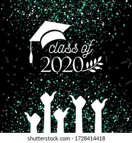 Class of 2020 graduate banner with hat, laurel, hands with thumbs up sign as like on confetti background for invitation, greeting card, poster, postcard. Vector graduation template