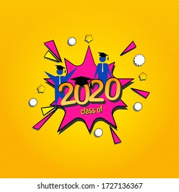 Class of 2020, graduation banner with comic Boom speech buble in retro pop art style on sunburst halftone background. Vector illustration for greetings, flyers, invitation, posters, brochure.Vector