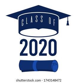 Class of 2020 with graduation cap. Congratulations on graduation. Graduation lettering label. Monochrome graduate class of 2020 badge. Emblem with hat, diploma. Isolated on white. Graduates logo.