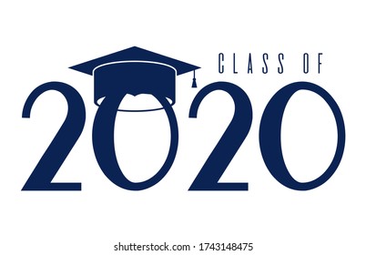 Class of 2020 with graduation cap. Congratulations on graduation. Graduation lettering label. Monochrome graduate class of 2020 badge. Emblem with hat, diploma. Isolated on white. Graduates logo.
