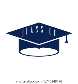 Class of 2020 with graduation cap. Congratulations on graduation. Graduation lettering label. Monochrome graduate class of 2020 badge. Emblem with hat, diploma. Isolated on white. Graduates logo.