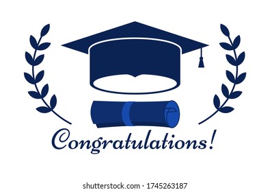 Class of 2020 with graduation cap. Congratulations on graduation. Graduation lettering label. Monochrome graduate class of 2020 badge. Emblem with hat, diploma. Isolated on white. Graduates logo.