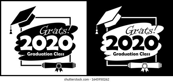 Class of 2020 with Graduation Cap and diploma. Flat simple black and white design. Illustration, vector