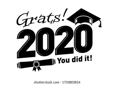 Class of 2020 with Graduation Cap and diploma. Flat simple black and white design. Illustration, vector