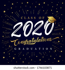 Class Of 2020 Graduation Poster With Golden Star Glitter Confetti. Class Of 20 & 20 Congratulations Graduate Design With Decoration Gold Beams For Cards, Invitations Or Banner
