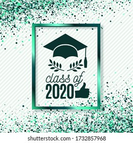 Class of 2020 greeting card with hat, thumb up hand, laurels on stripe background with emerald foil frame for invitation, banner, poster, postcard. Vector graduate template. All isolated and layered