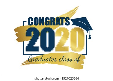 Class Of 2020. Hand Drawn Brush Gold Stripe And Number With Education Academic Cap. Vector Illustration.